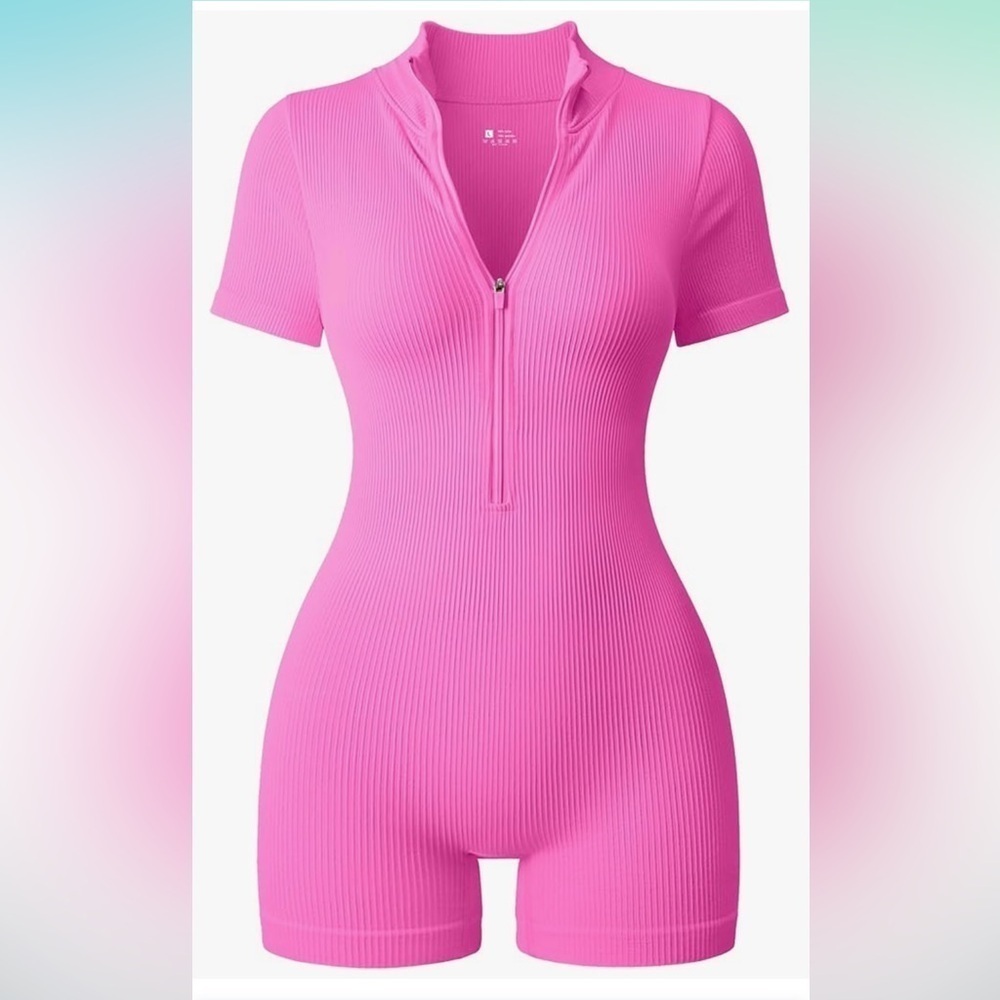 NWT TOB Yoga Rompers Ribbed Short Sleeve Zip Basic Tummy Control Exercise Romper